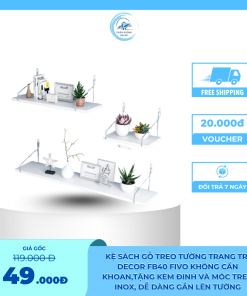 Kệ Sách Gỗ Treo Tường Trang Trí Decor FB40 FIVO Không Cần Khoan,Tặng Kèm Đinh Và Móc Treo Inox, Dễ Dàng Gắn Lên Tường